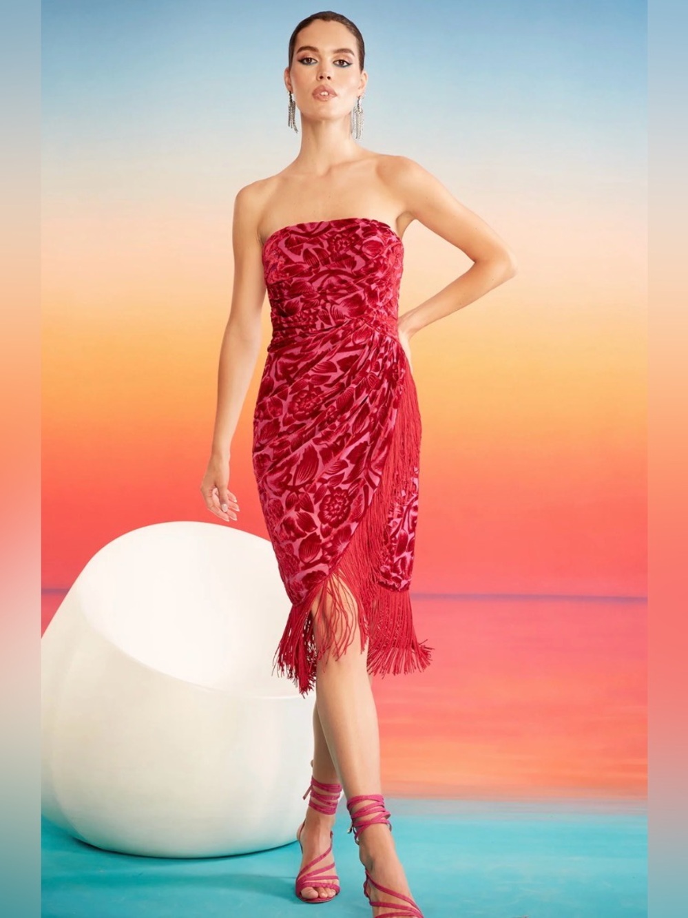 NWT Theia Adina Fringe Cocktail Dress Pomegranate Pink Strapless 10